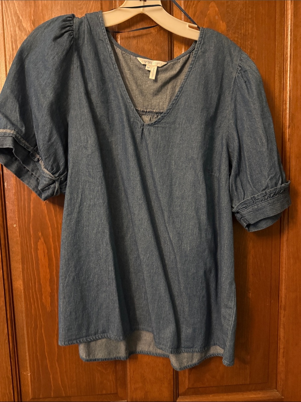 Draper James Chambray Puff Sleeve V-Neck Blouse - Blue